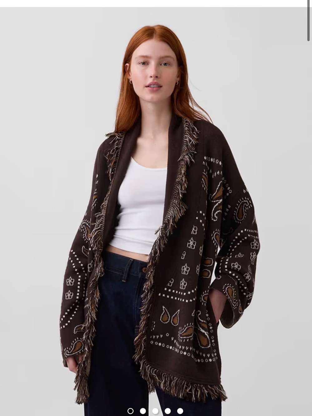 GAP Brown Paisley-Fringe Open-Front Cardigan